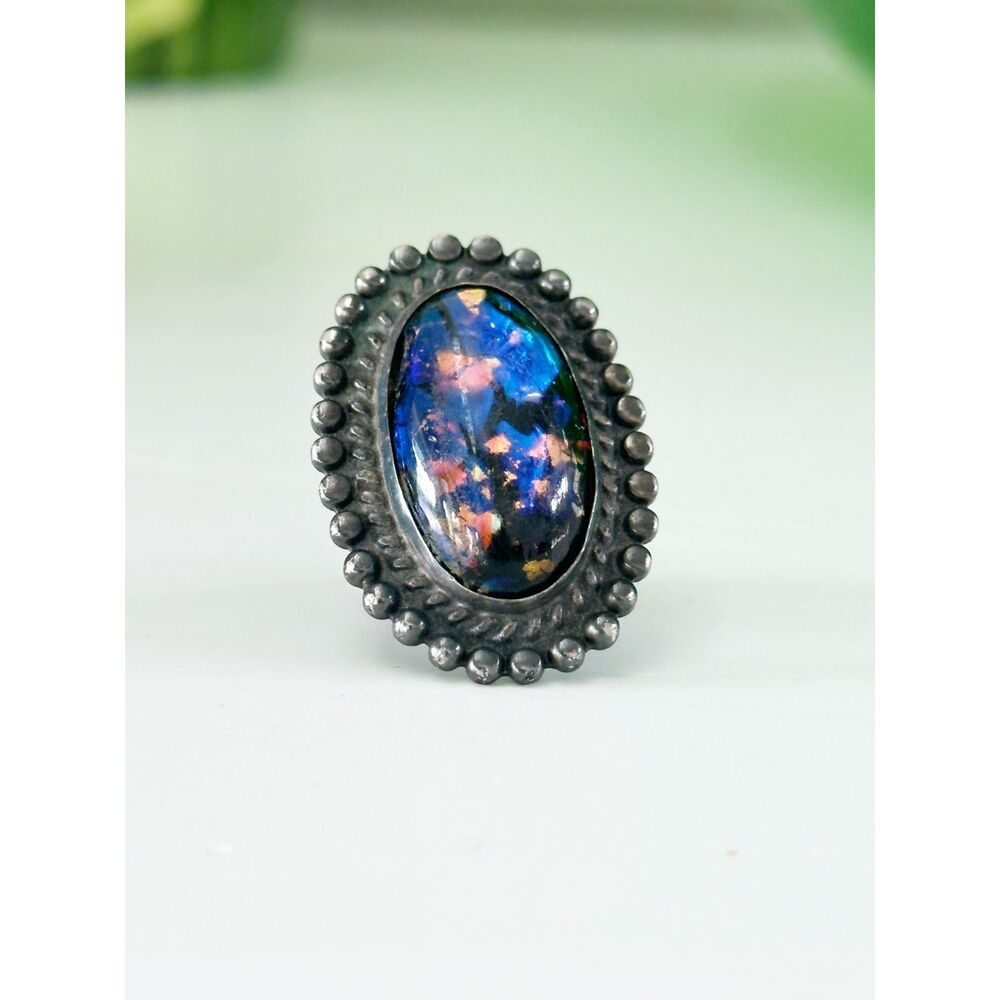 Vintage Mexico Dichroic Glass Sterling Silver Ring Foil Art sz 4.75